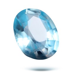 Image of One light blue shiny gemstone in air on white background