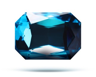 Image of One blue shiny gemstone in air on white background