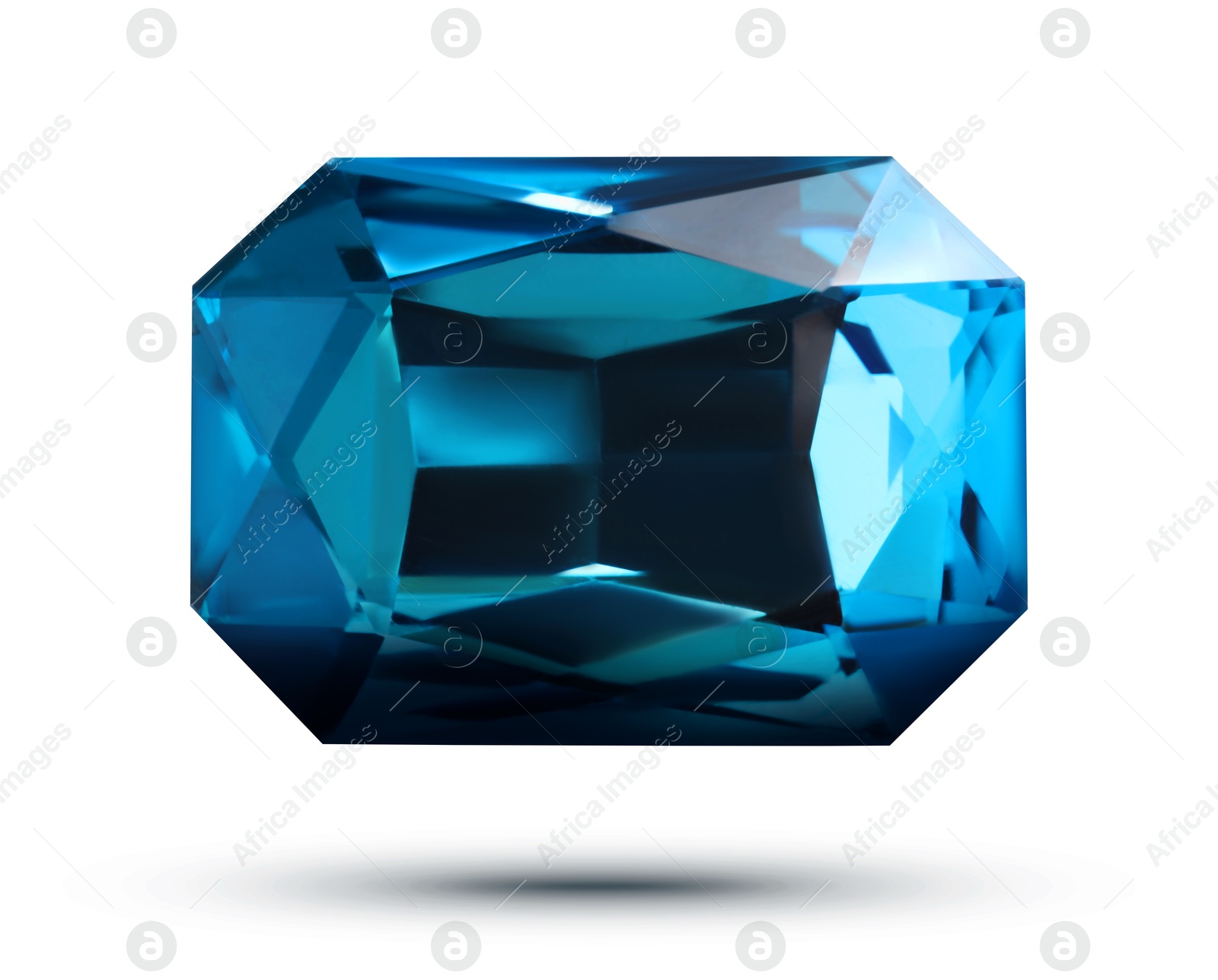 Image of One blue shiny gemstone in air on white background