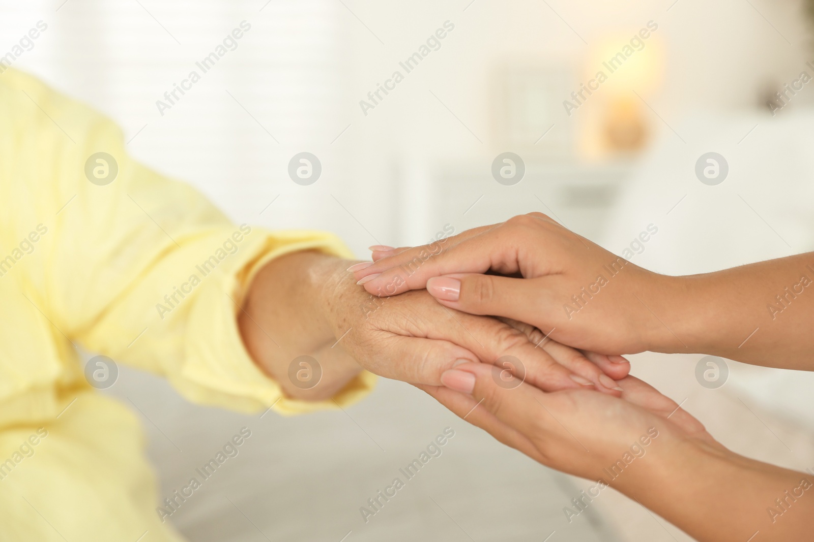 Photo of Young and elderly women holding hands indoors, closeup