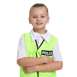 Photo of Little girl pretending to be policewoman on white background. Dreaming of future profession