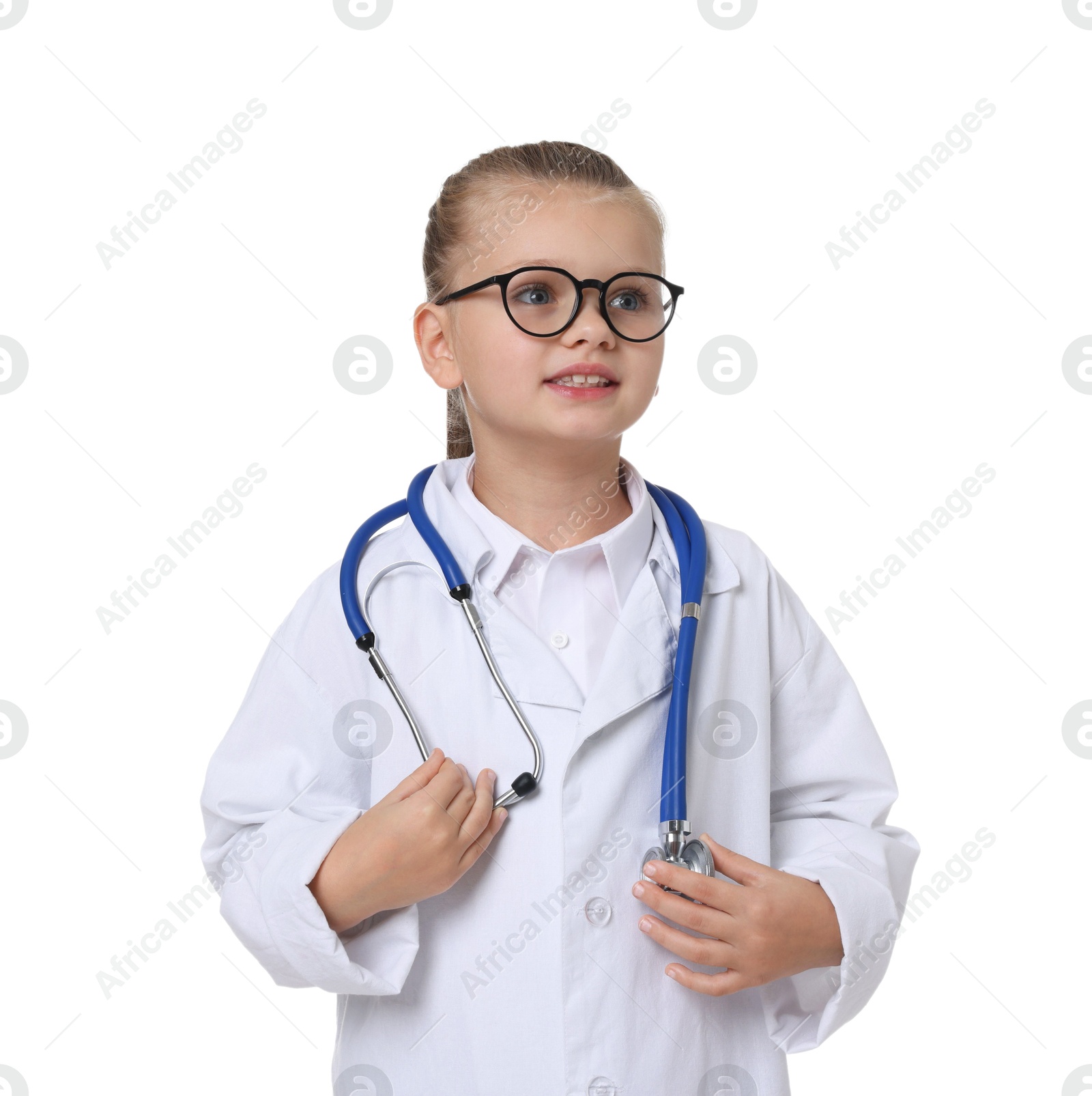 Photo of Little girl with stethoscope pretending to be doctor on white background. Dreaming of future profession