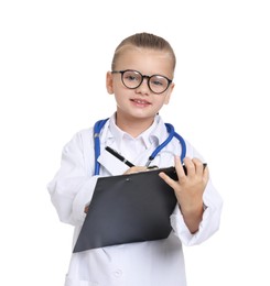 Photo of Little girl with stethoscope and clipboard pretending to be doctor on white background. Dreaming of future profession