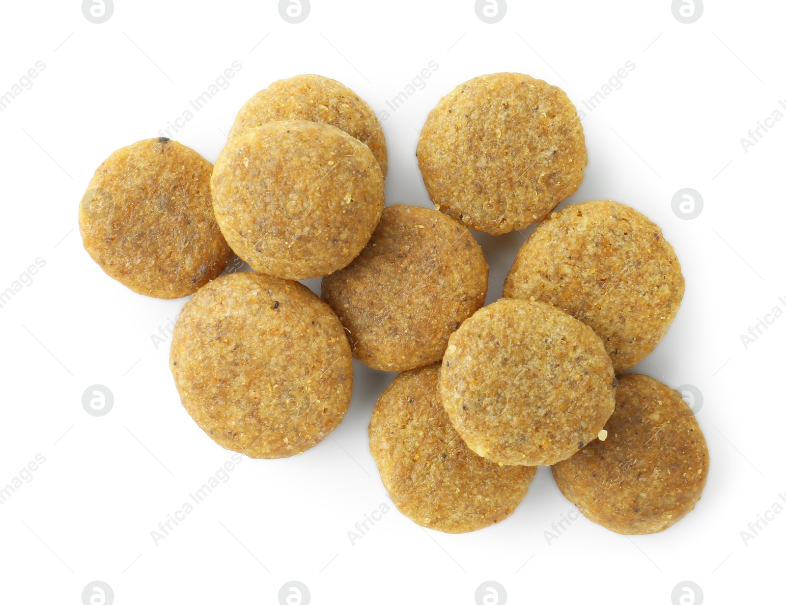 Photo of Dry pet food granules isolated on white, top view