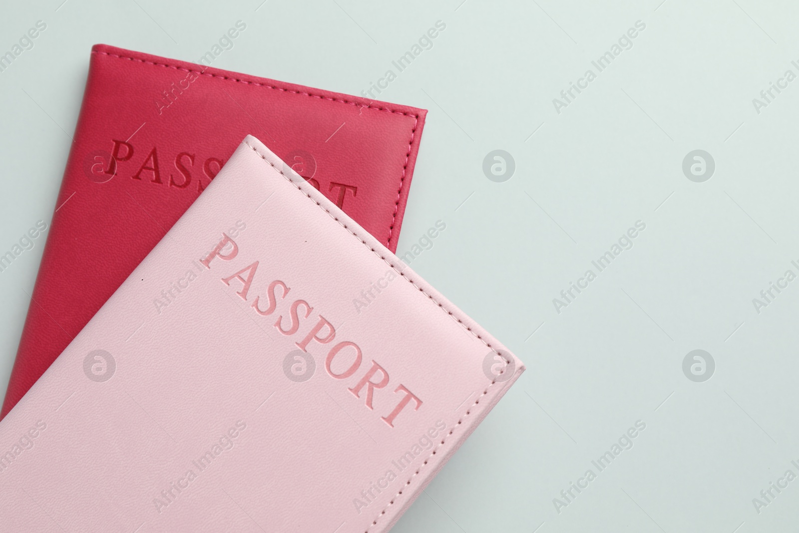 Photo of Passports in color covers on light background, top view. Space for text