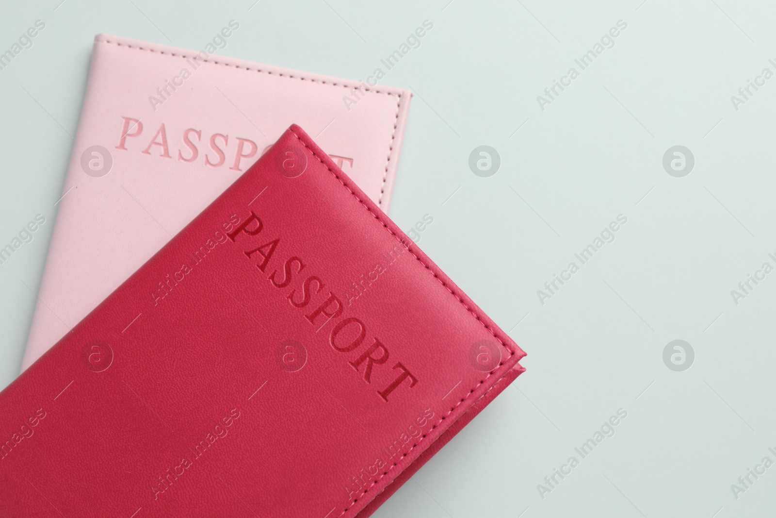 Photo of Passports in color covers on light background, closeup. Space for text