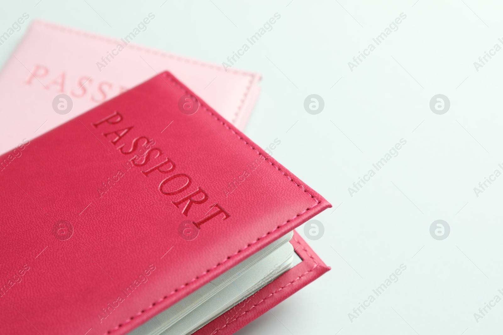 Photo of Passports in color covers on light background, closeup. Space for text