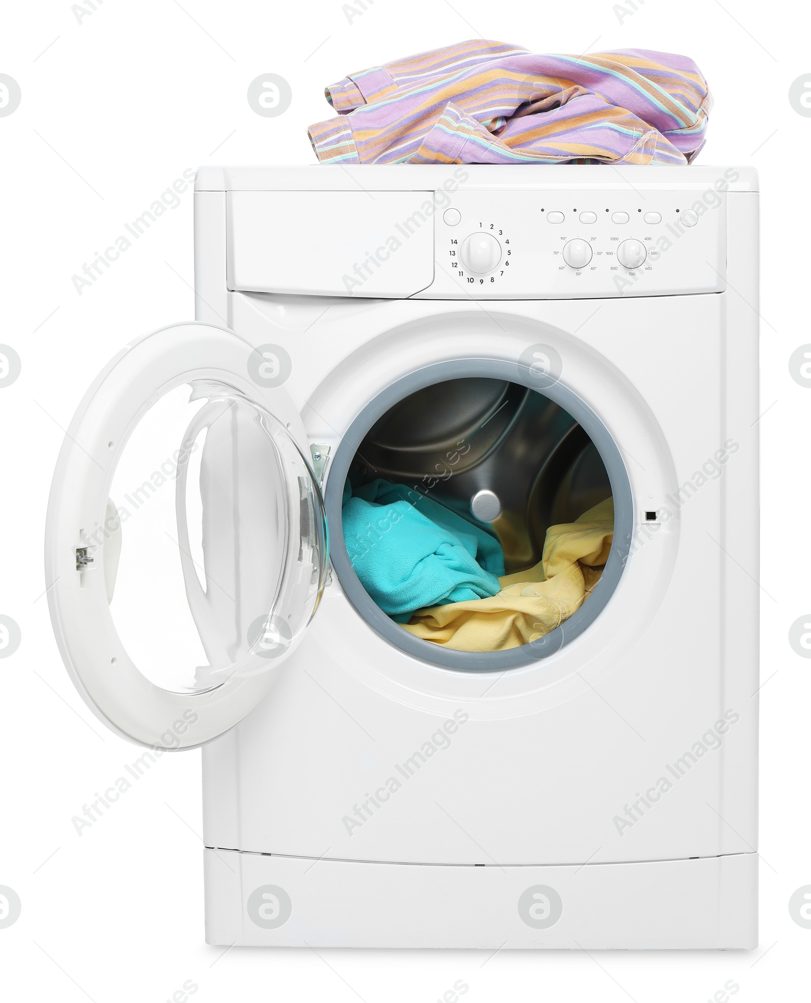 Photo of Modern washing machine with laundry isolated on white