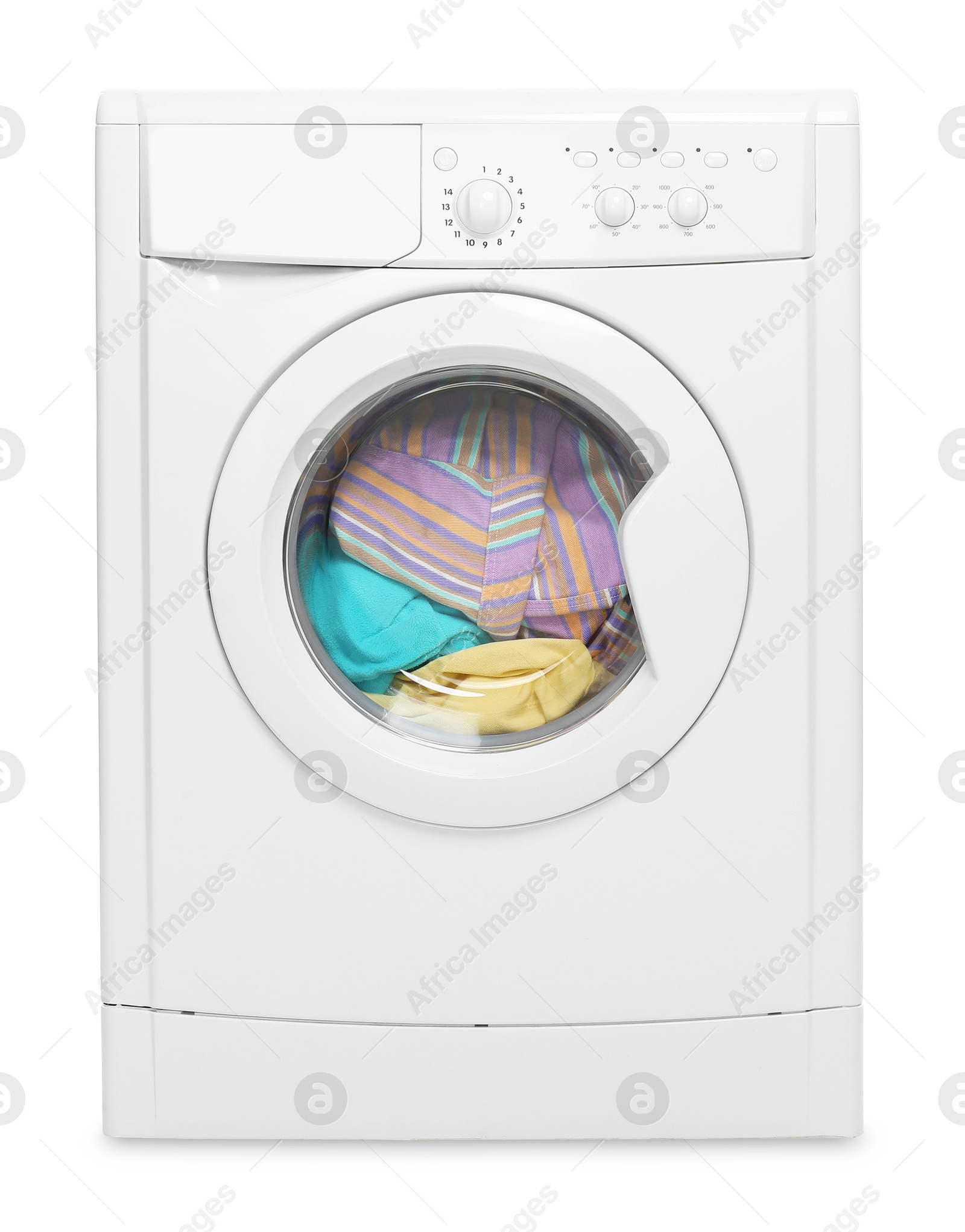 Photo of Modern washing machine with clothes in drum isolated on white