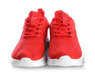 Photo of Pair of stylish red sneakers isolated on white