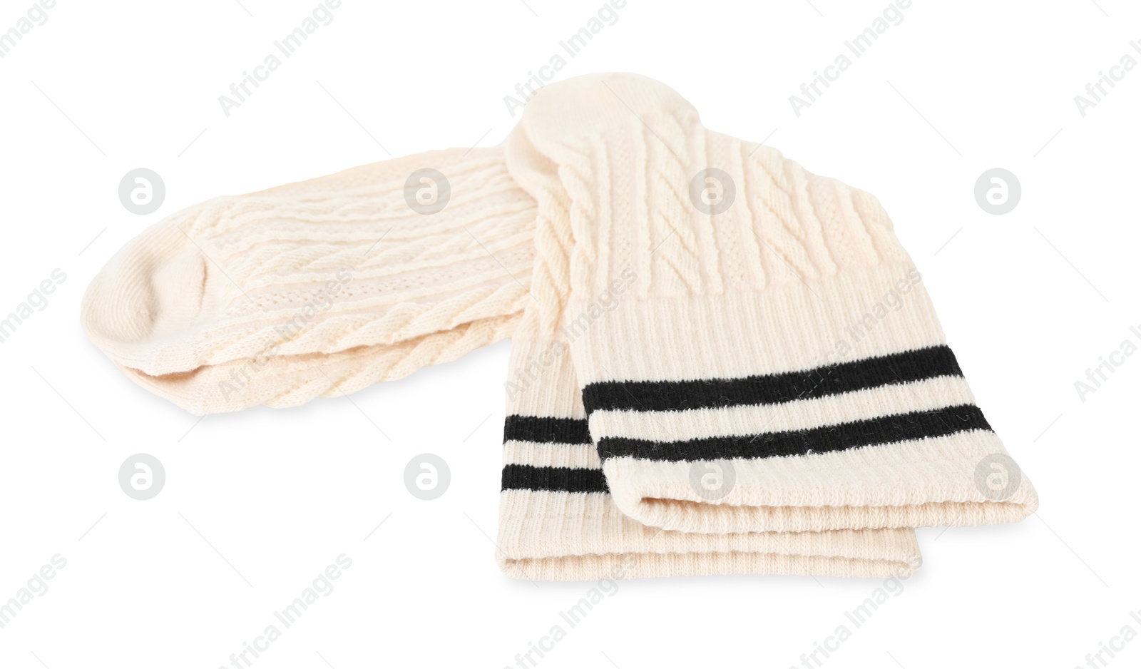 Photo of Pair of soft socks isolated on white