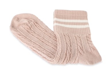 Photo of Pair of soft socks isolated on white, above view