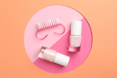 Photo of Set of pedicure tools on color background, flat lay