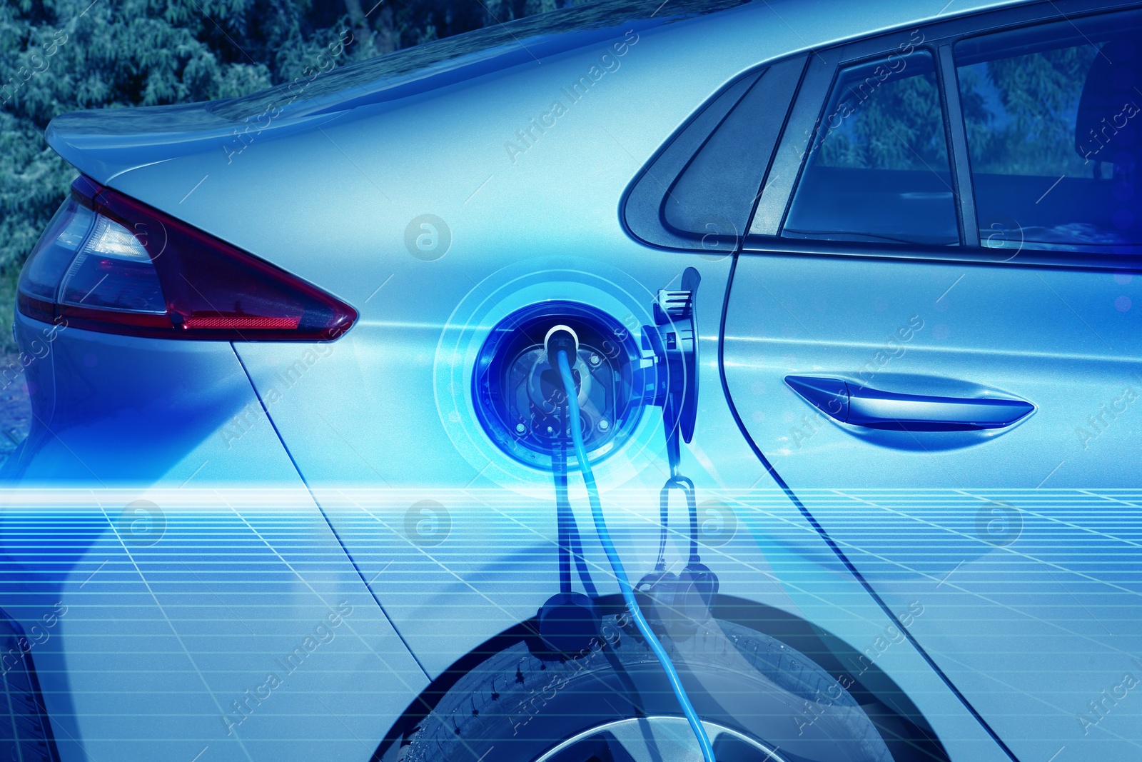 Image of Charging modern electric car from station outdoors, toned in blue