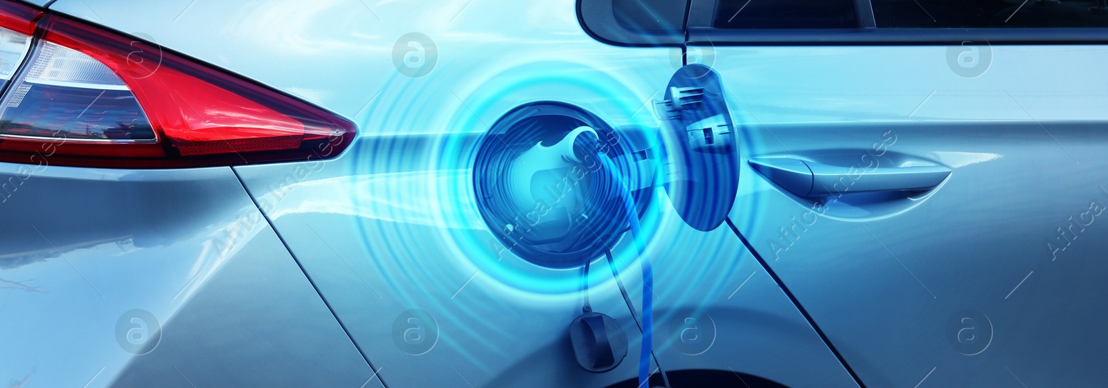 Image of Charging modern electric car from station outdoors., banner design. Round pulse waves representing energy