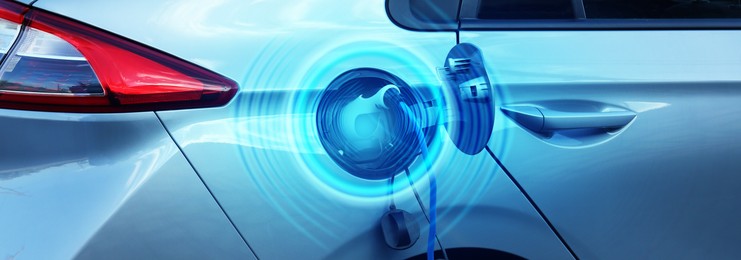 Image of Charging modern electric car from station outdoors., banner design. Round pulse waves representing energy