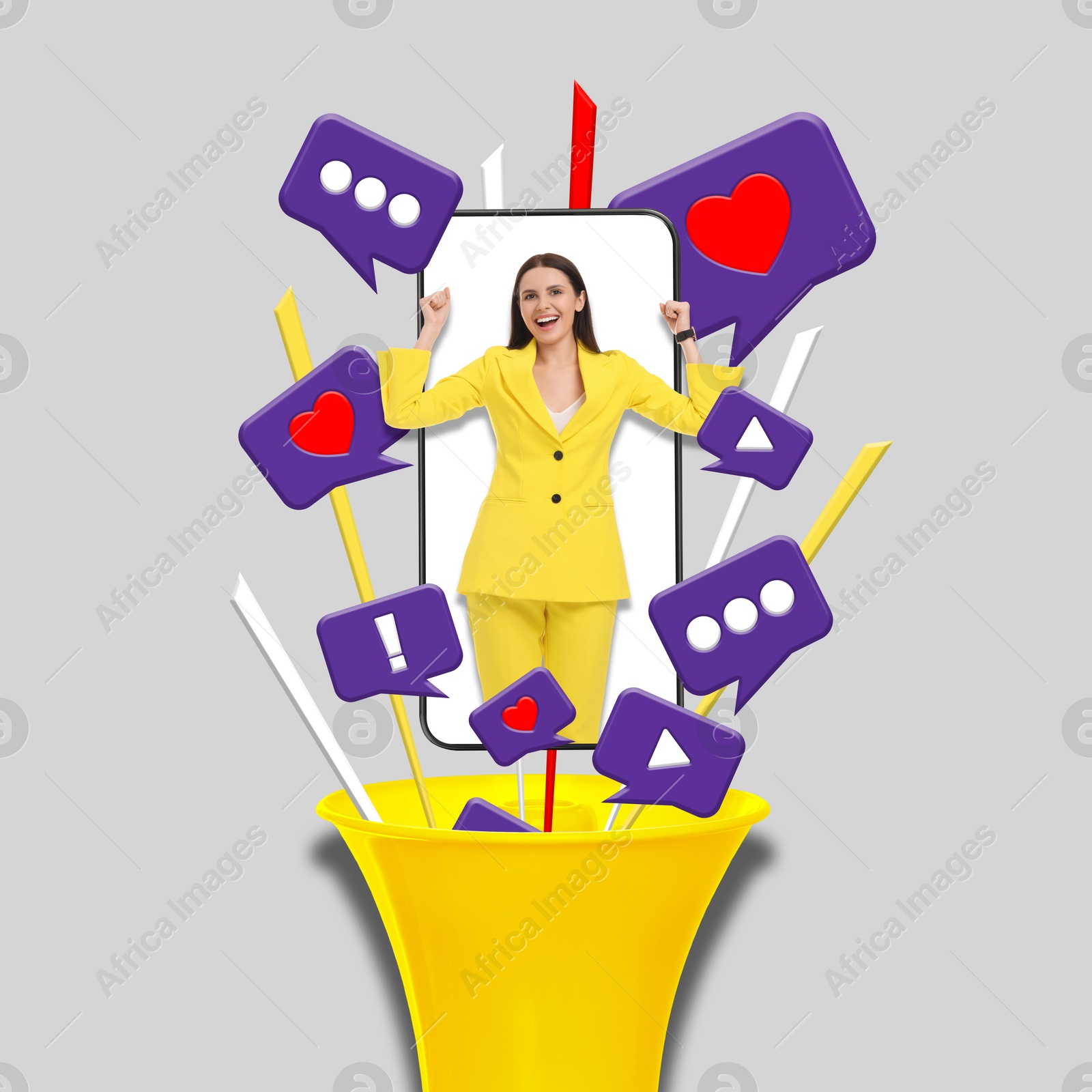 Image of Content manager, creative conceptual collage. Happy businesswoman in mobile phone surrounded by notifications coming out of loudspeaker on grey background