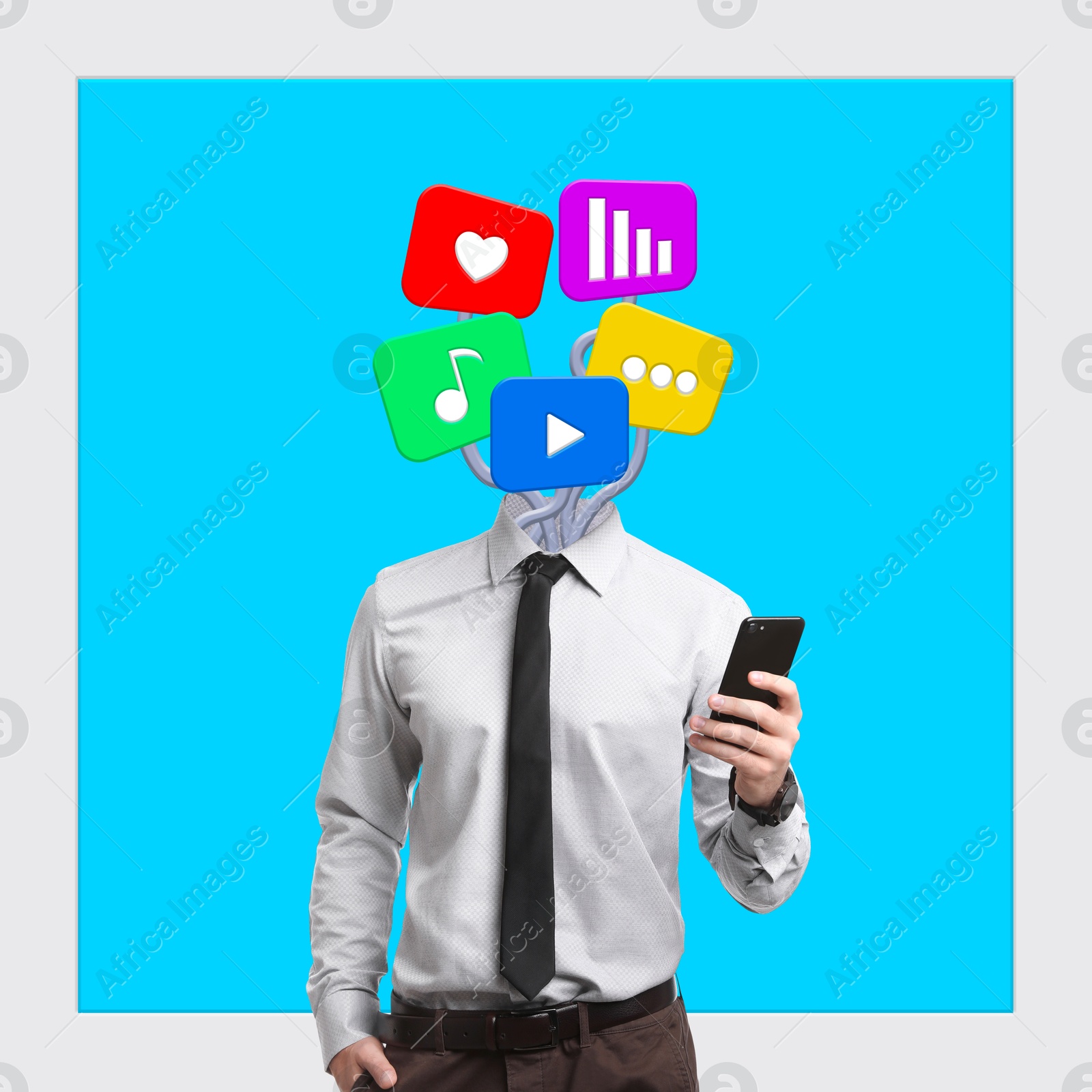 Image of Content manager, creative conceptual collage. Man with icons sticking out instead of his head using mobile phone on color background