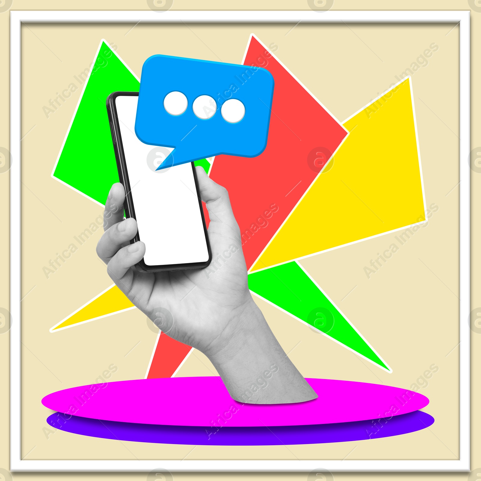 Image of Content manager, creative conceptual collage. Mobile phone with notification in man's hand on stage. Bright elements representing podium and spotlights