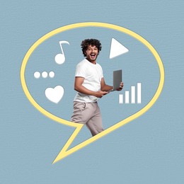 Content manager, creative conceptual collage. Happy man with laptop surrounded by different icons in speech bubble on grey background