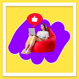 Image of Content manager, creative conceptual collage. Young woman using laptop on red bean bag chair. Notification of likes near computer