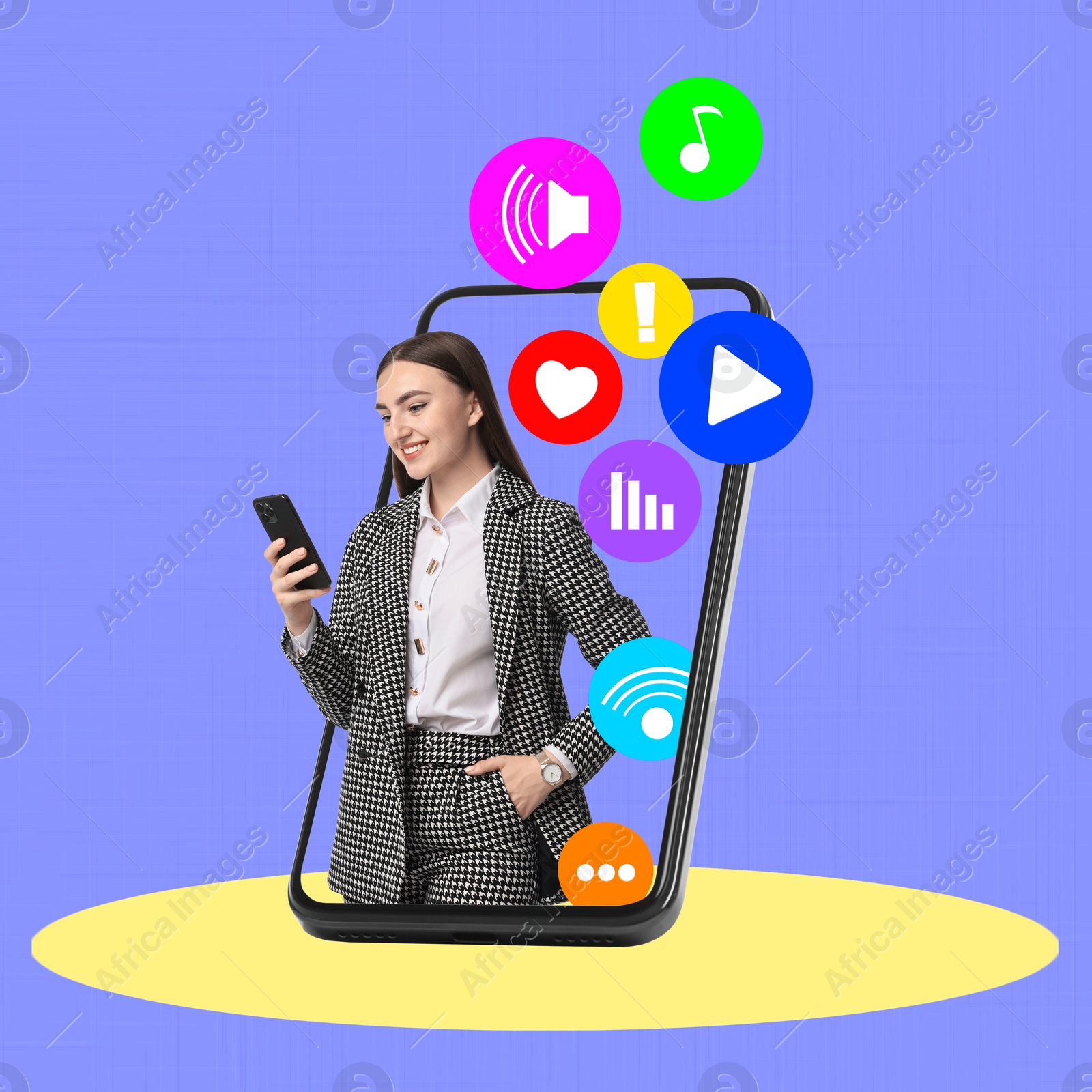 Image of Content manager, creative conceptual collage. Gadget with happy businesswoman using mobile phone. Different icons near her flying out of device screen