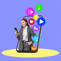 Content manager, creative conceptual collage. Gadget with happy businesswoman using mobile phone. Different icons near her flying out of device screen