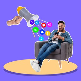 Content manager, creative conceptual collage. Happy man using mobile phone in armchair on bright background. Different icons flying out of loudspeaker in woman's hand towards guy