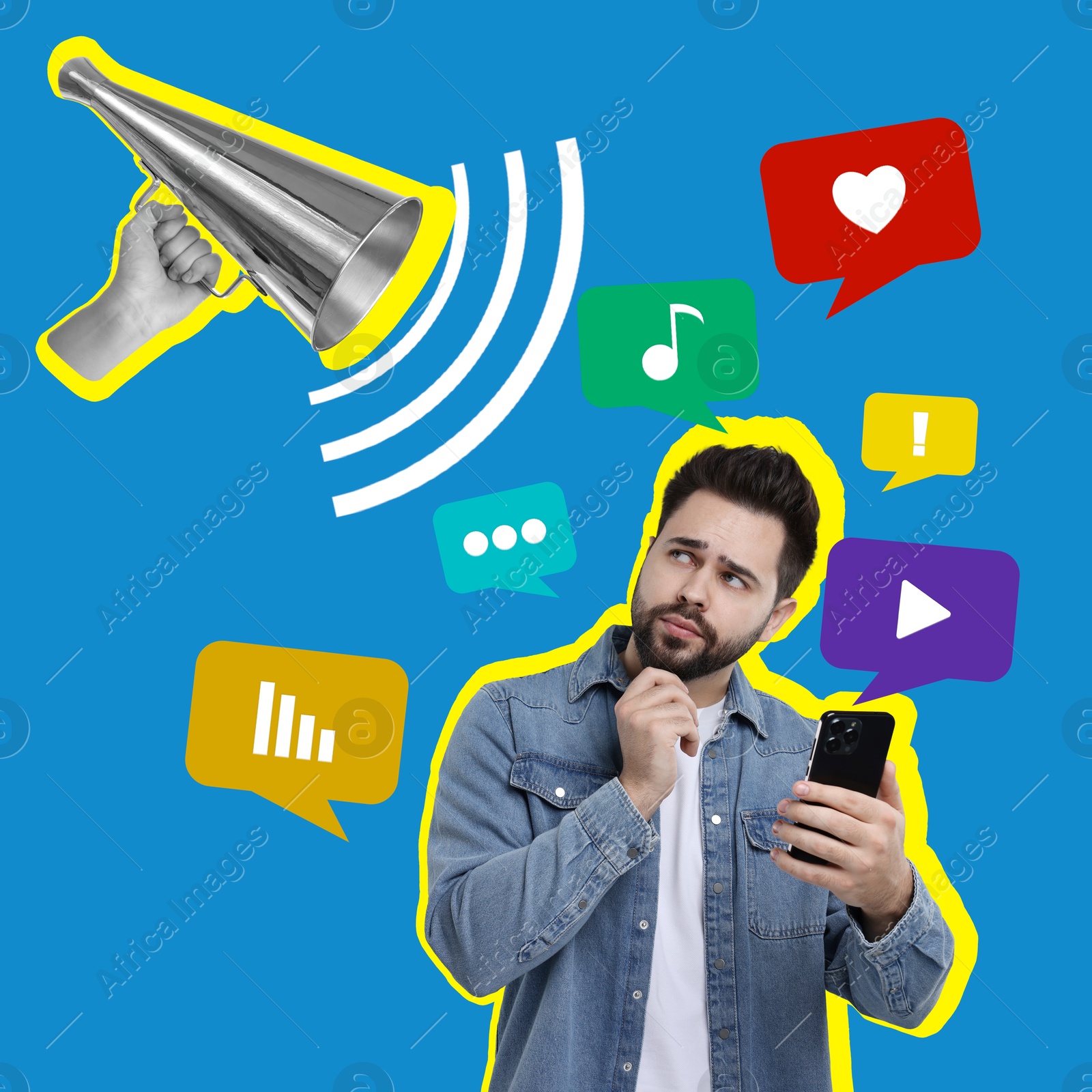 Image of Content manager, creative conceptual collage. Thoughtful man with mobile phone surrounded by different notifications looking at loudspeaker in woman's hand on blue background