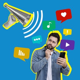 Content manager, creative conceptual collage. Thoughtful man with mobile phone surrounded by different notifications looking at loudspeaker in woman's hand on blue background