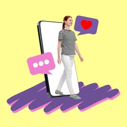 Image of Content manager, creative conceptual collage. Happy woman walking out of big mobile phone on color background. Notifications near her