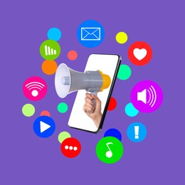 Content manager, creative conceptual collage. Loudspeaker in woman's hand sticking out of mobile phone on color background. Different icons and bright spots around device