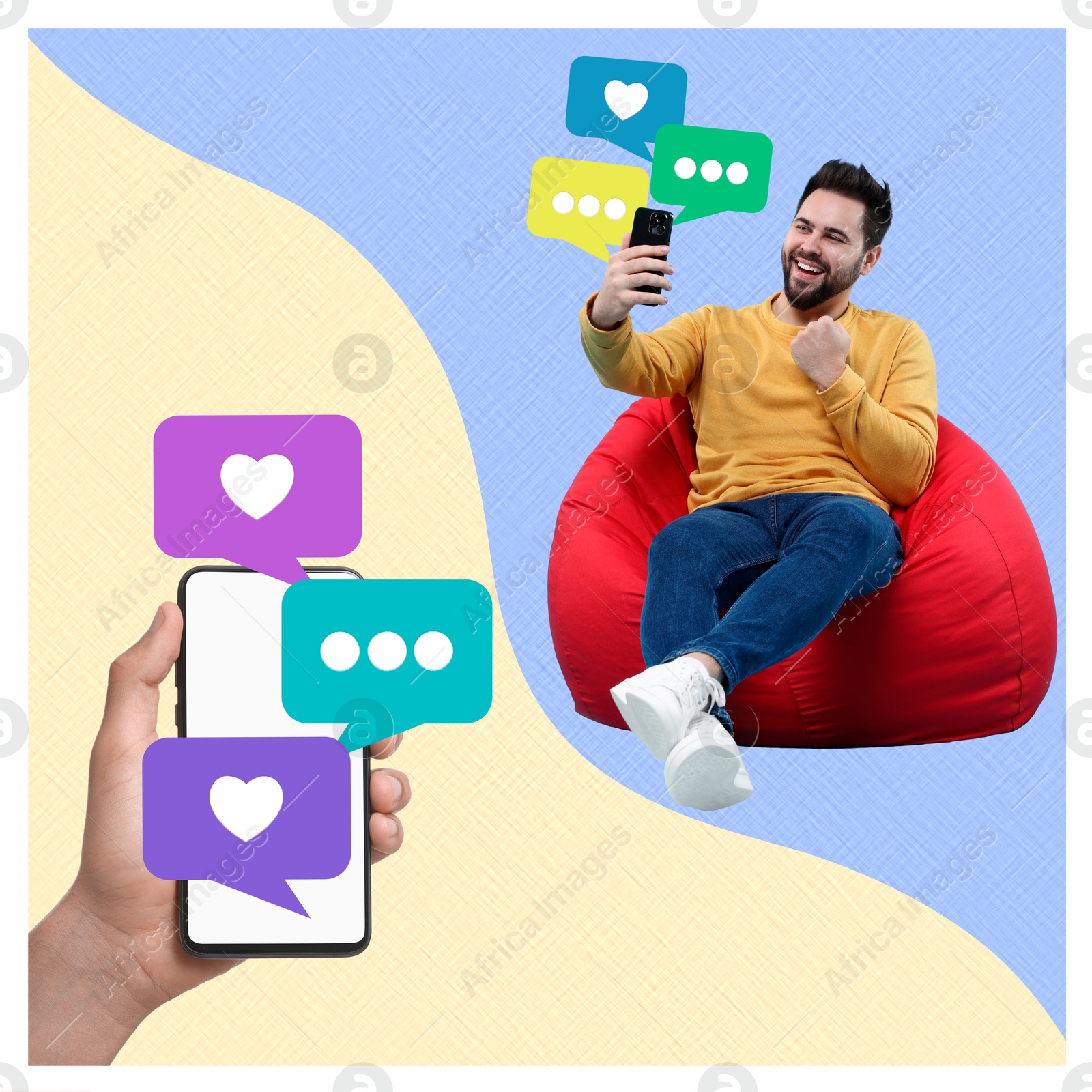 Image of Content manager, creative conceptual collage. Happy man with mobile phone sitting on red bean bag chair. Notifications near device