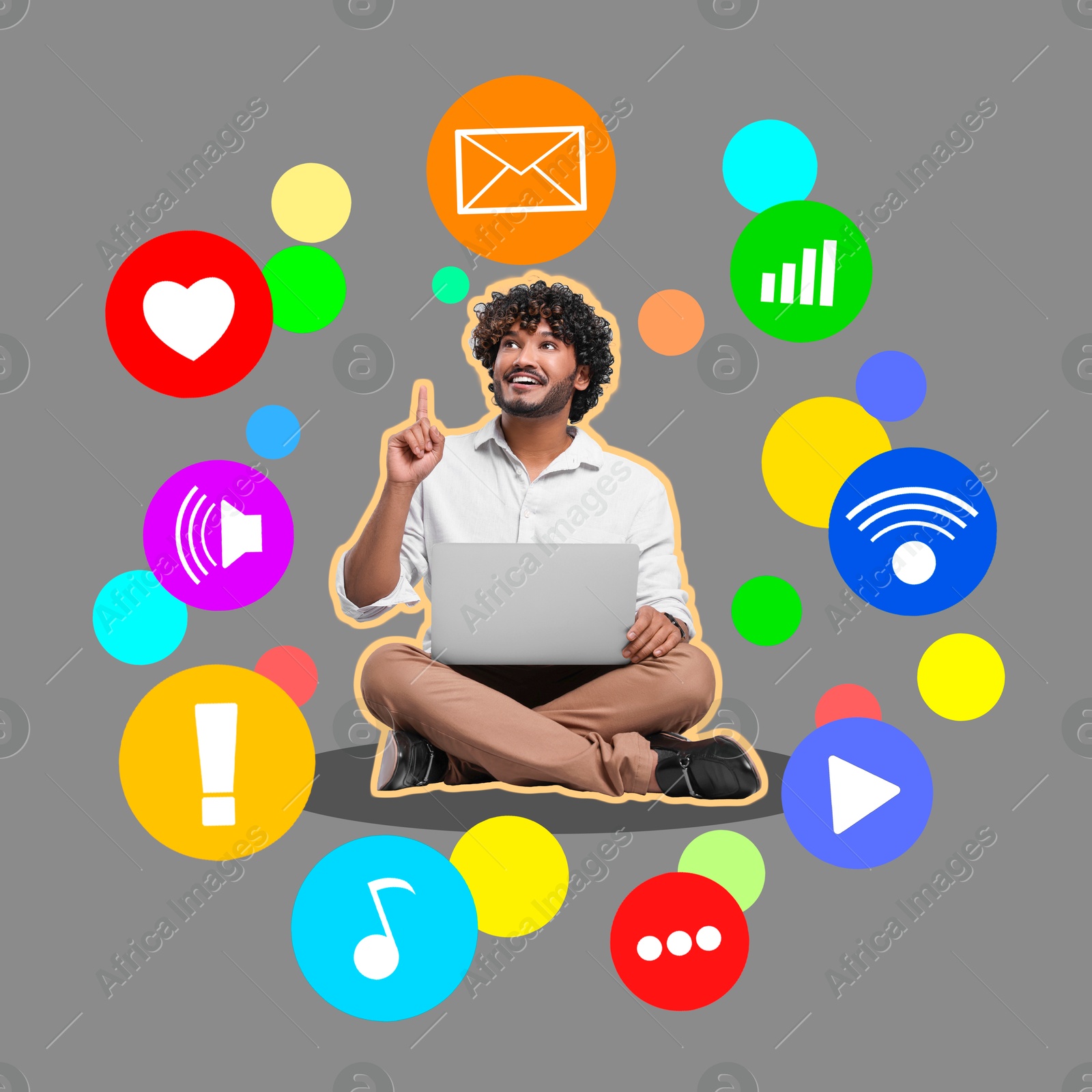 Image of Content manager, creative conceptual collage. Different icons and bright spots around sitting man with laptop on grey background