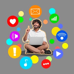 Image of Content manager, creative conceptual collage. Different icons and bright spots around sitting man with laptop on grey background