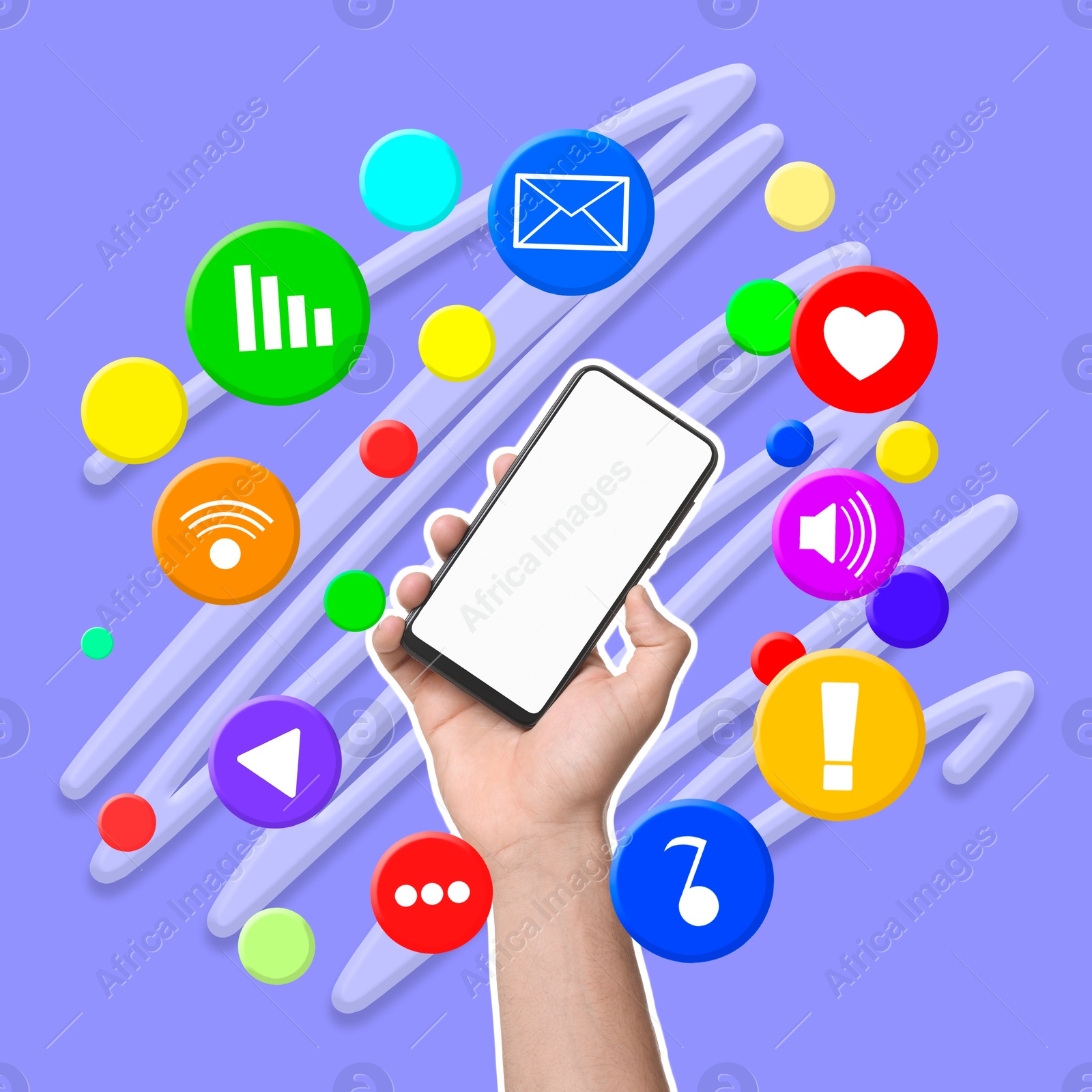 Image of Content manager, creative conceptual collage. Different icons and bright spots around mobile phone in man's hand on color background