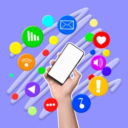 Image of Content manager, creative conceptual collage. Different icons and bright spots around mobile phone in man's hand on color background