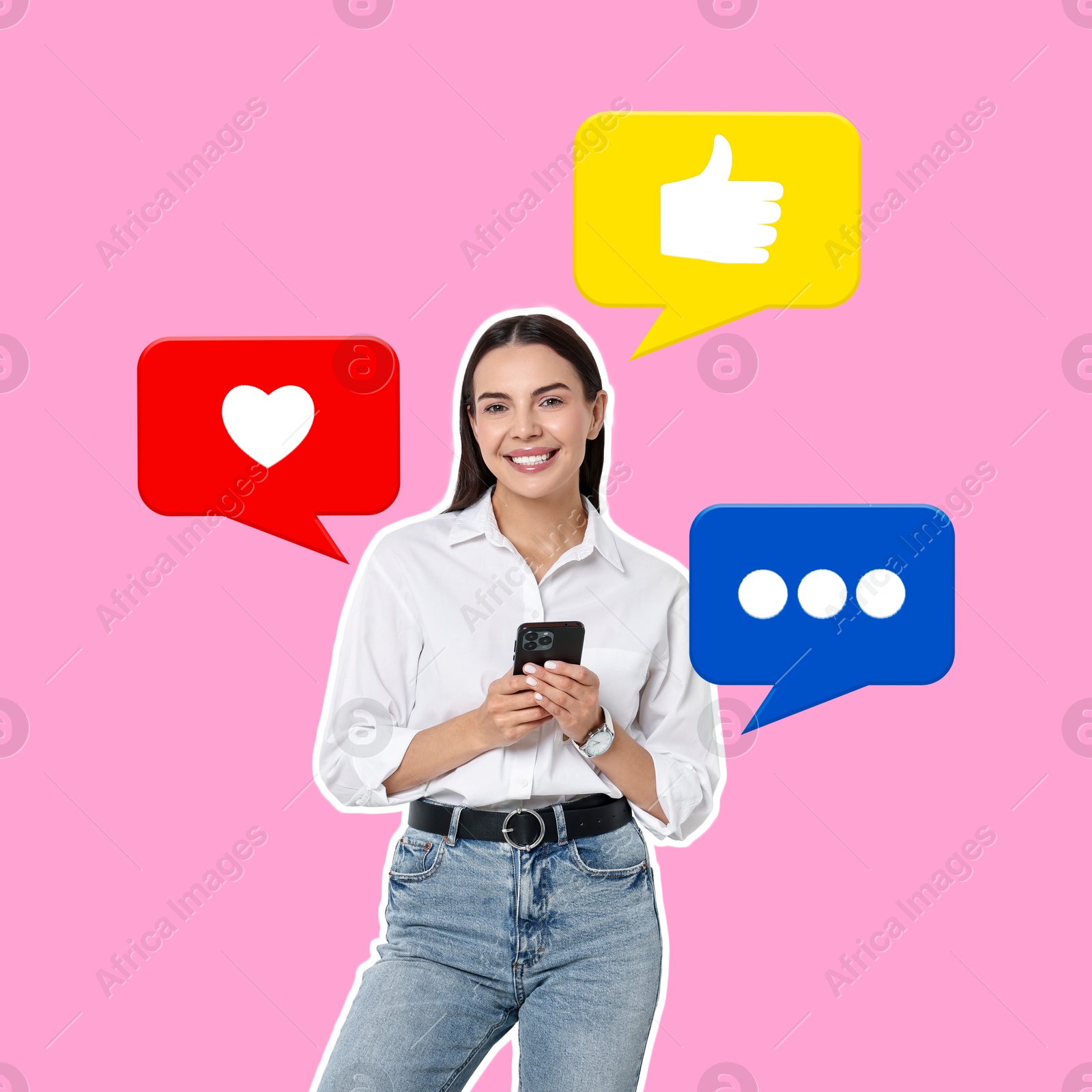 Image of Content manager, creative conceptual collage. Happy woman with mobile phone on pink background. Notifications near her