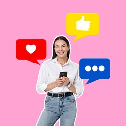 Image of Content manager, creative conceptual collage. Happy woman with mobile phone on pink background. Notifications near her