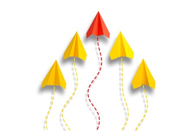 Image of Yellow and one red paper planes with flight paths on white background. Dashed lines for trajectory