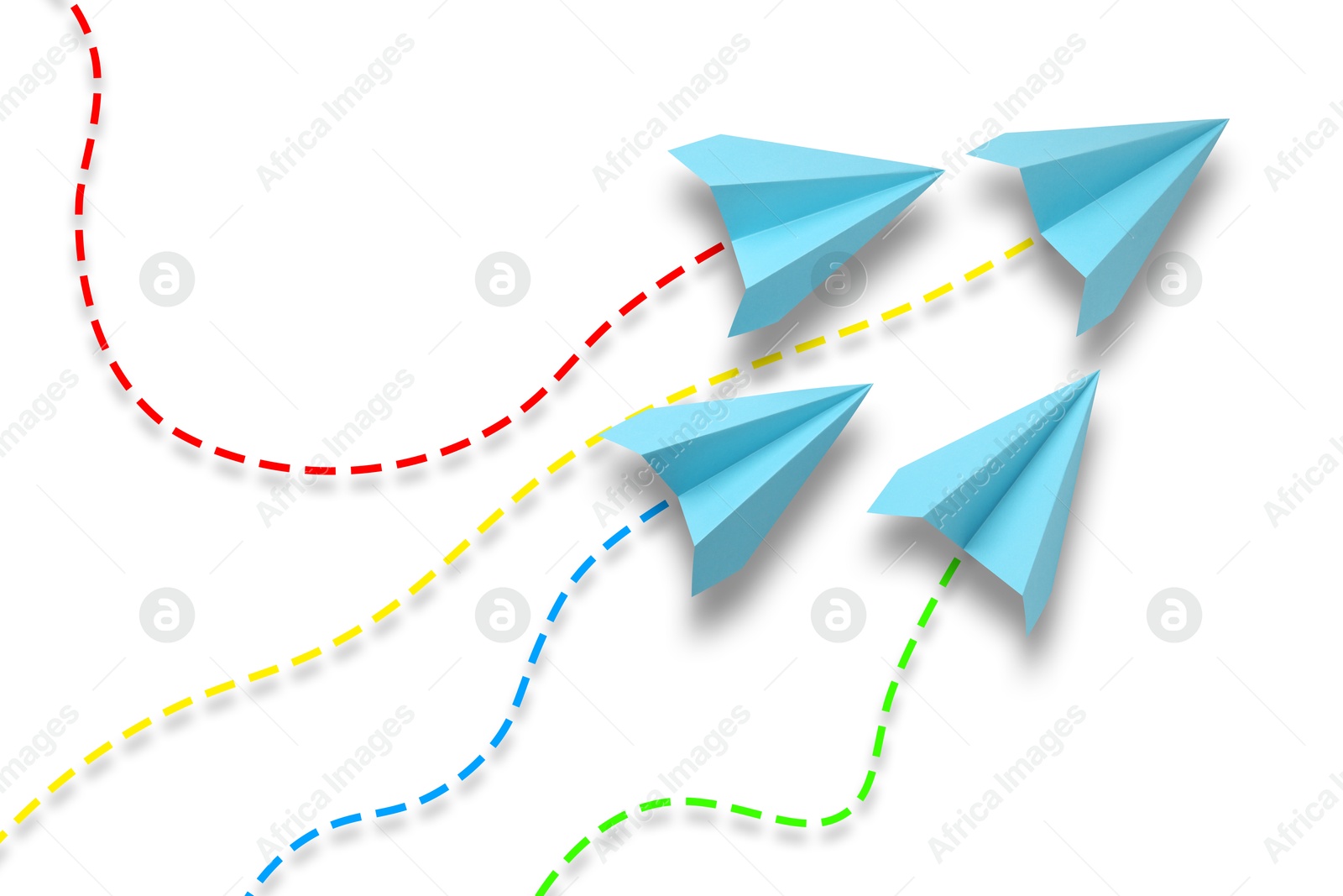 Image of Light blue paper planes with flight paths on white background. Dashed lines for trajectory