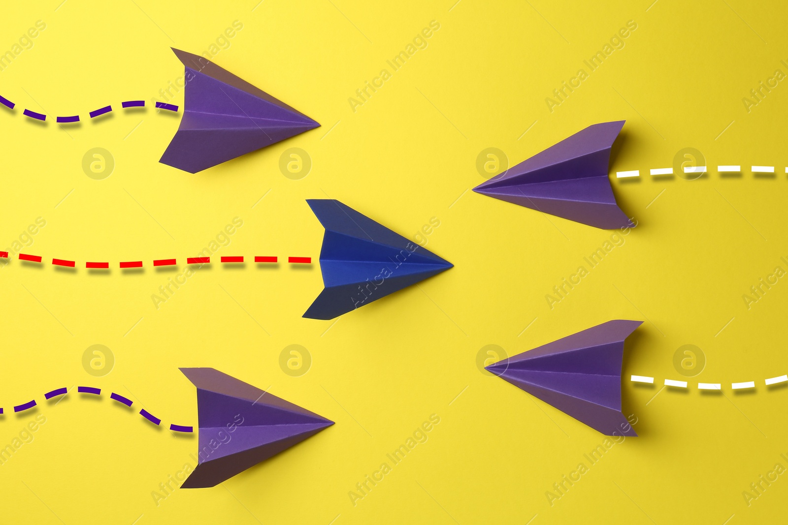 Image of Purple and one blue paper planes with flight paths on yellow background. Dashed lines for trajectory