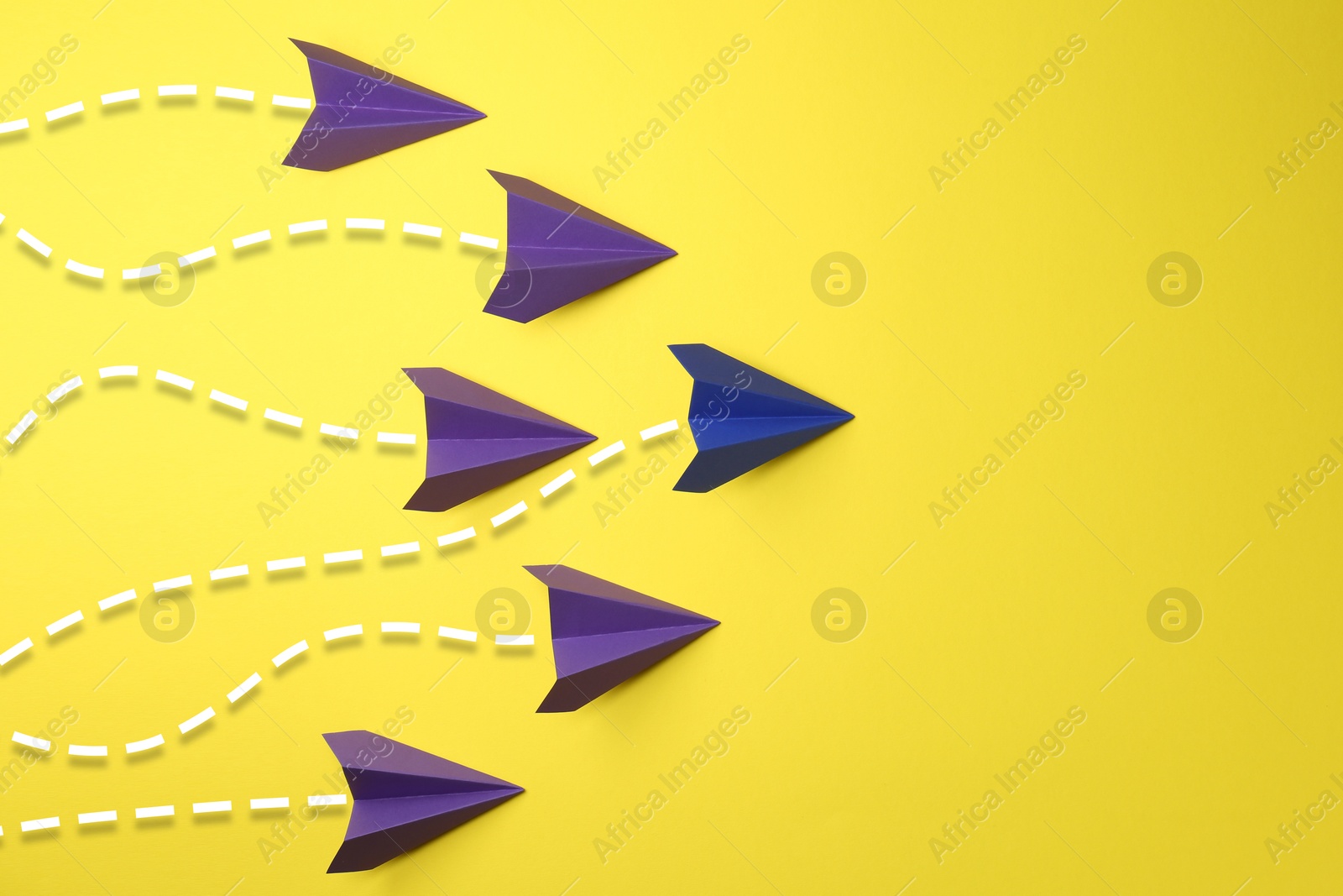 Image of Purple and one blue paper planes with flight paths on yellow background. Dashed lines for trajectory