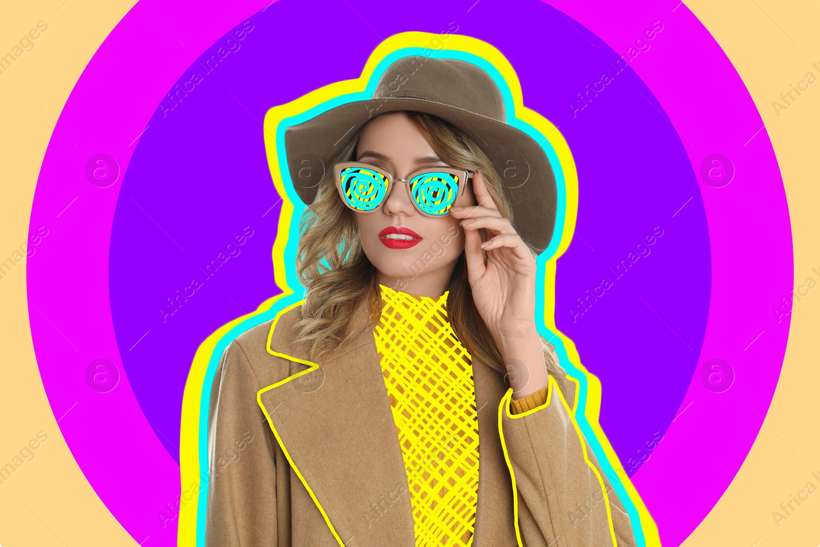 Image of Fashionable woman with hat and sunglasses on bright background, creative art collage. Colorful outline around her. Stylish poster