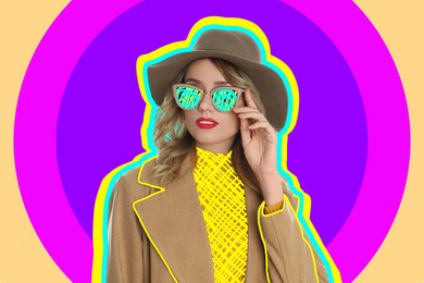 Fashionable woman with hat and sunglasses on bright background, creative art collage. Colorful outline around her. Stylish poster