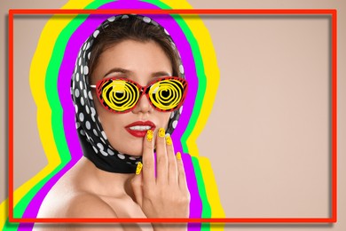 Image of Fashionable woman with sunglasses and headscarf on beige background, creative art collage. Colorful outline around her. Stylish poster