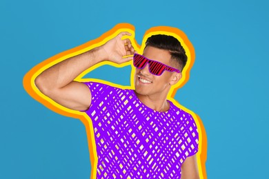 Image of Happy man with sunglasses on blue background, creative art collage. Colorful outline around him. Stylish poster