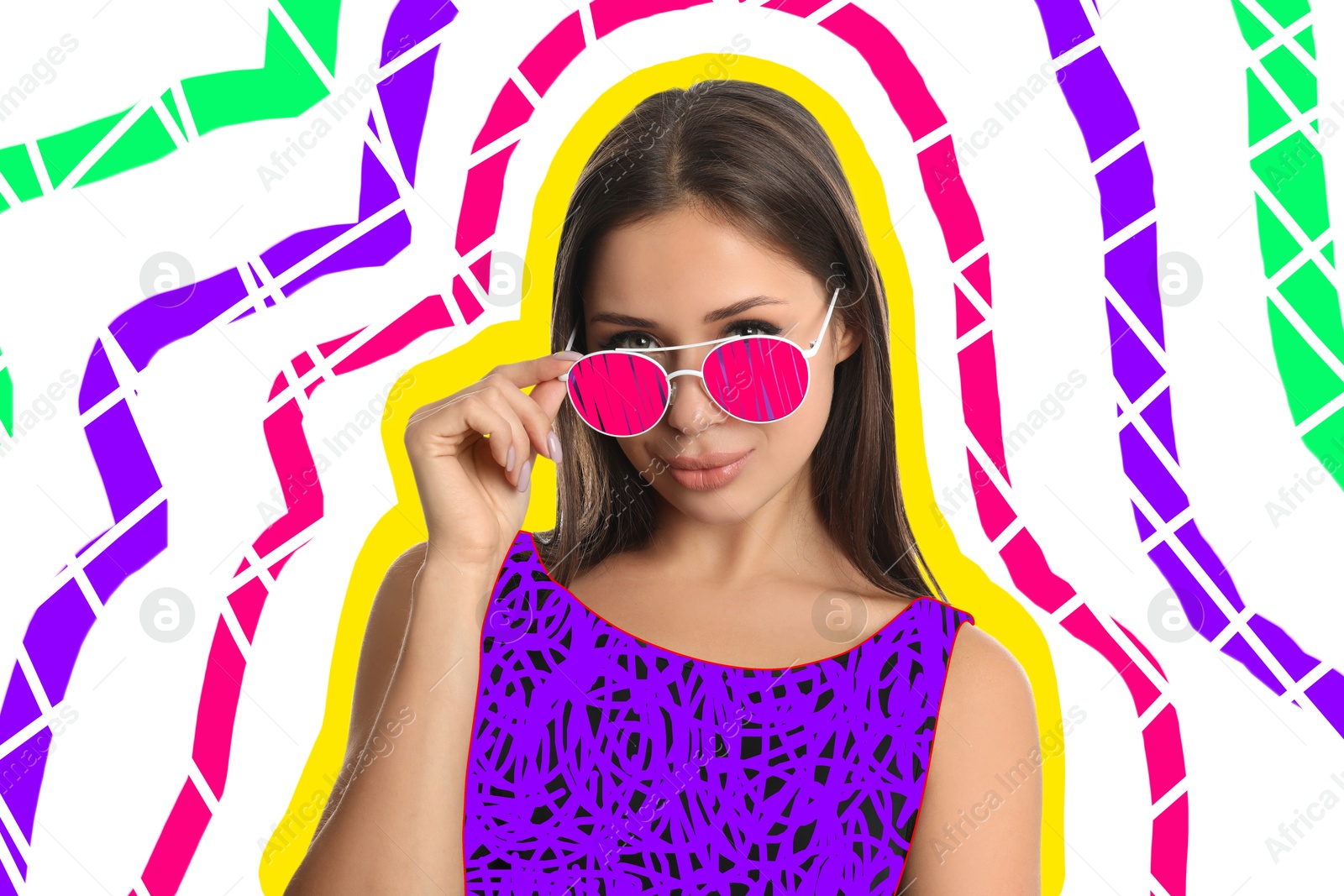 Image of Fashionable woman with sunglasses on white background, creative art collage. Colorful outline around her. Stylish poster