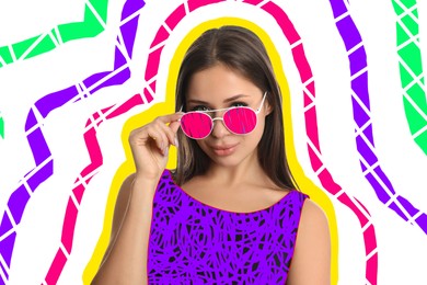 Image of Fashionable woman with sunglasses on white background, creative art collage. Colorful outline around her. Stylish poster