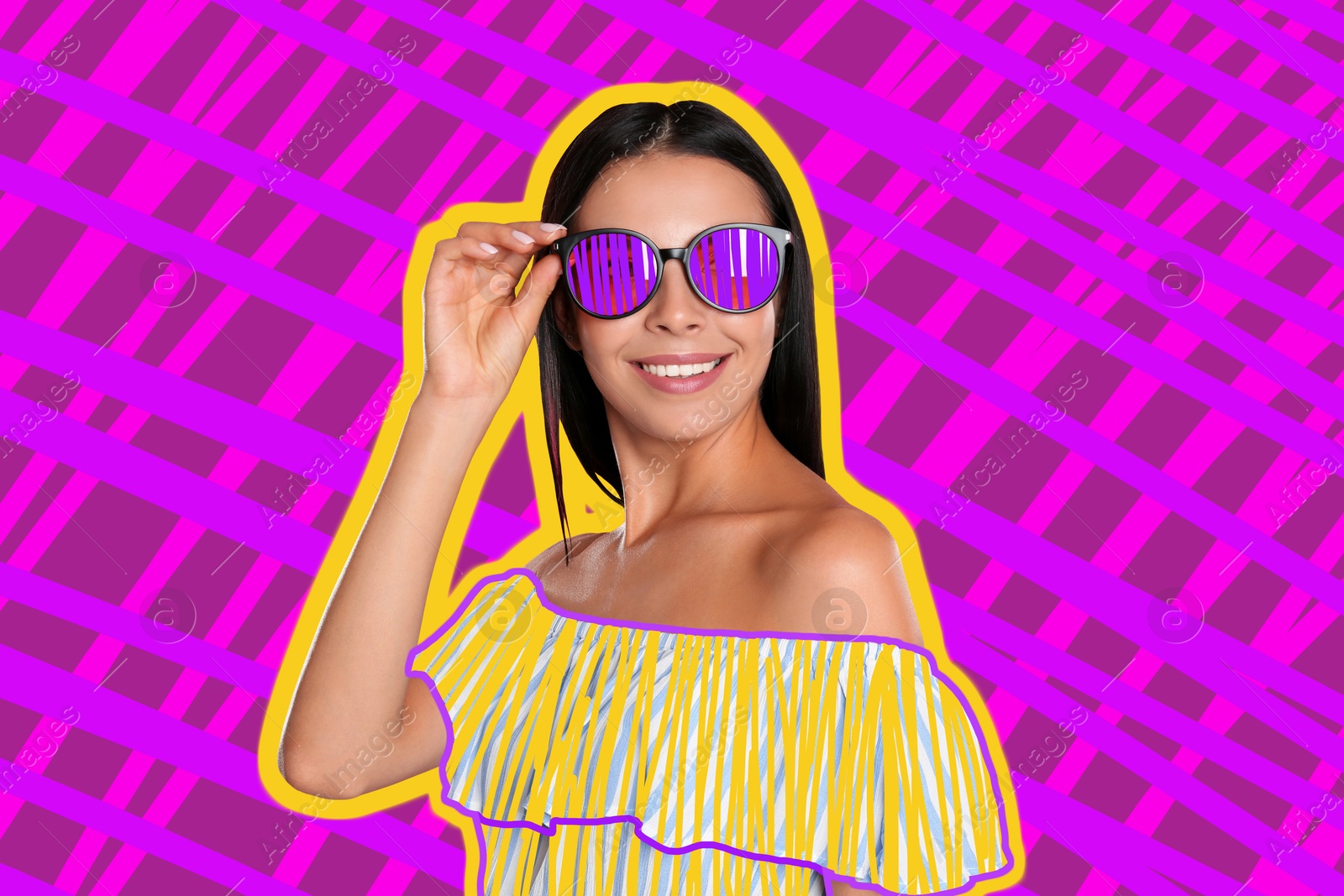 Image of Fashionable woman with sunglasses on bright background, creative art collage. Colorful outline around her. Stylish poster